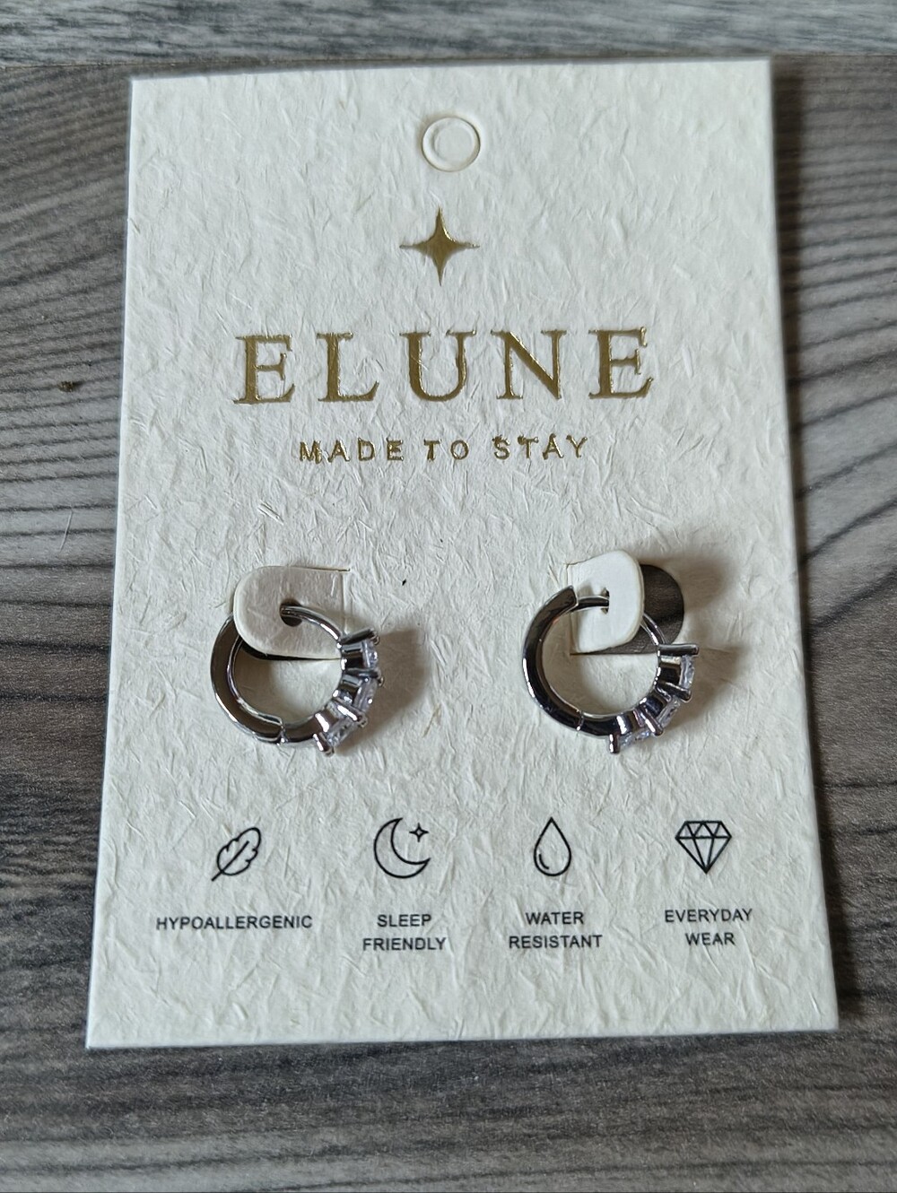 Elune Silver Hoop Huggie Earrings with Clear Stones